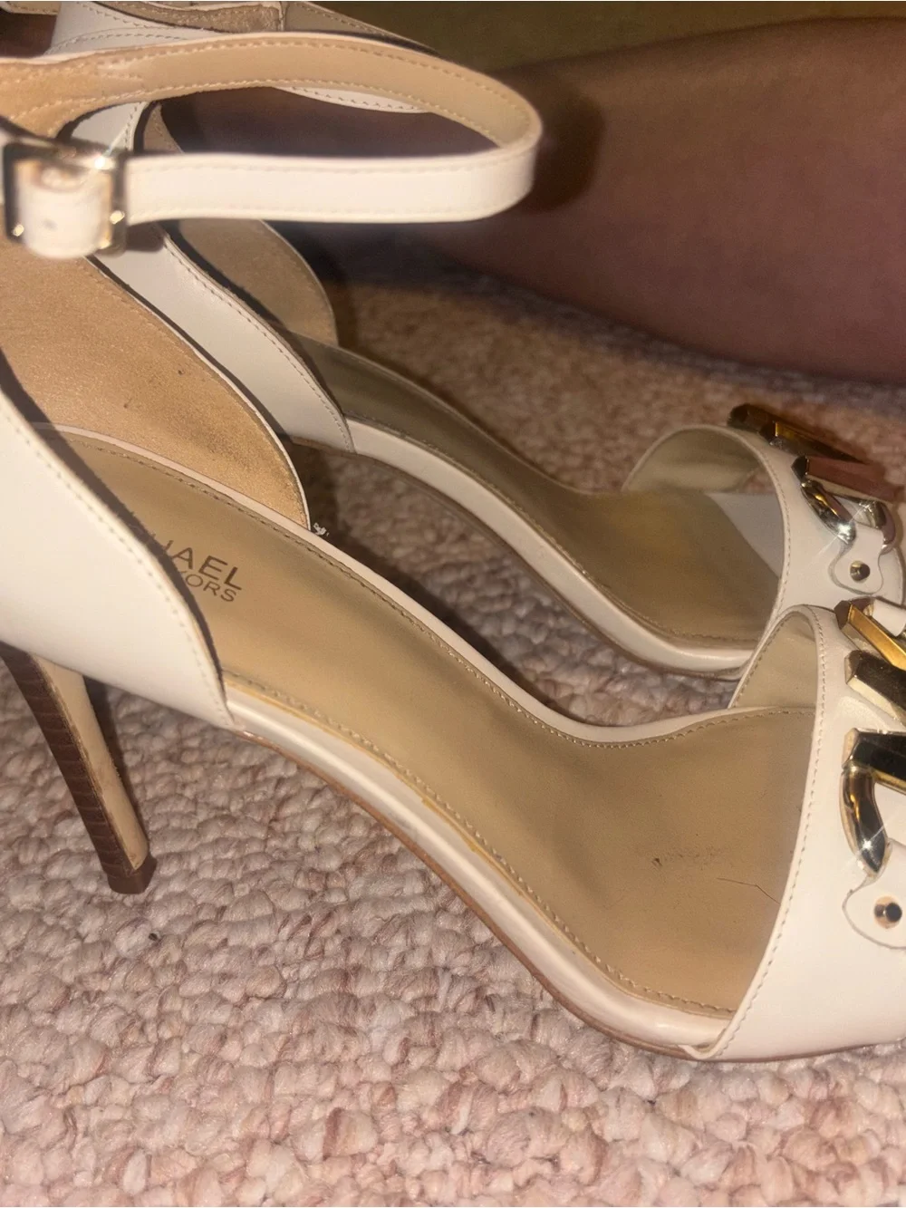 MICHAEL Michael Kors Cream Ankle-Strap Heels with Gold MK Logo